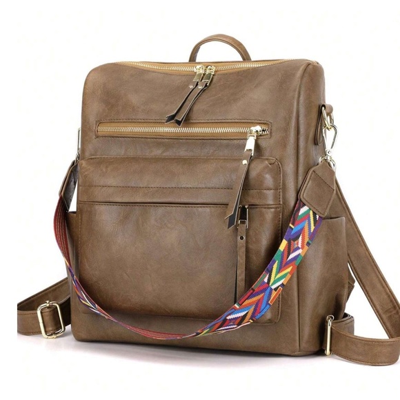 Luxe Vegan Leather Colorful Strap Backpack Shoulder bag - Picture 2 of 8